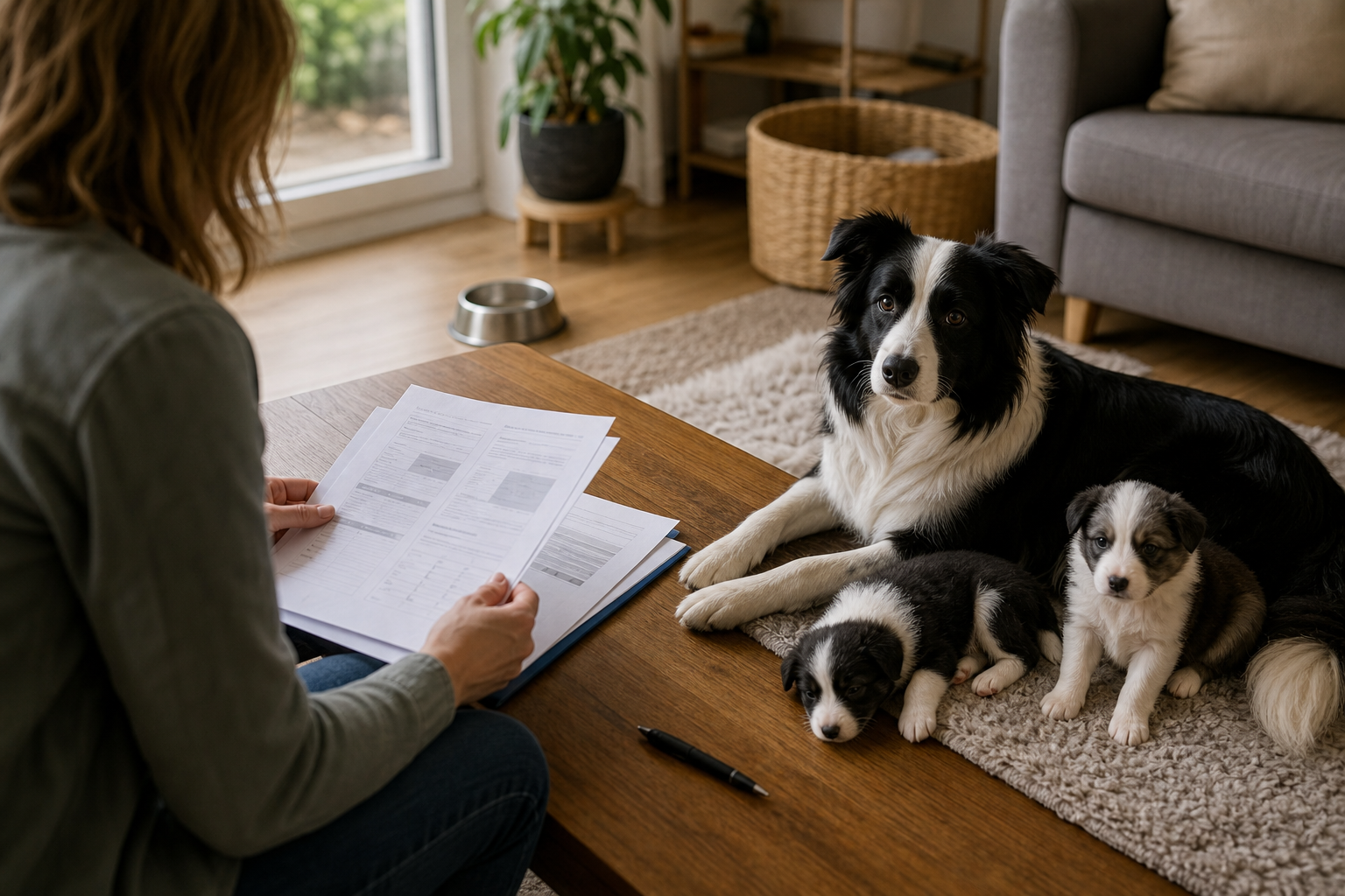 Rustig fokkerbezoek met border collie moederhond en pups