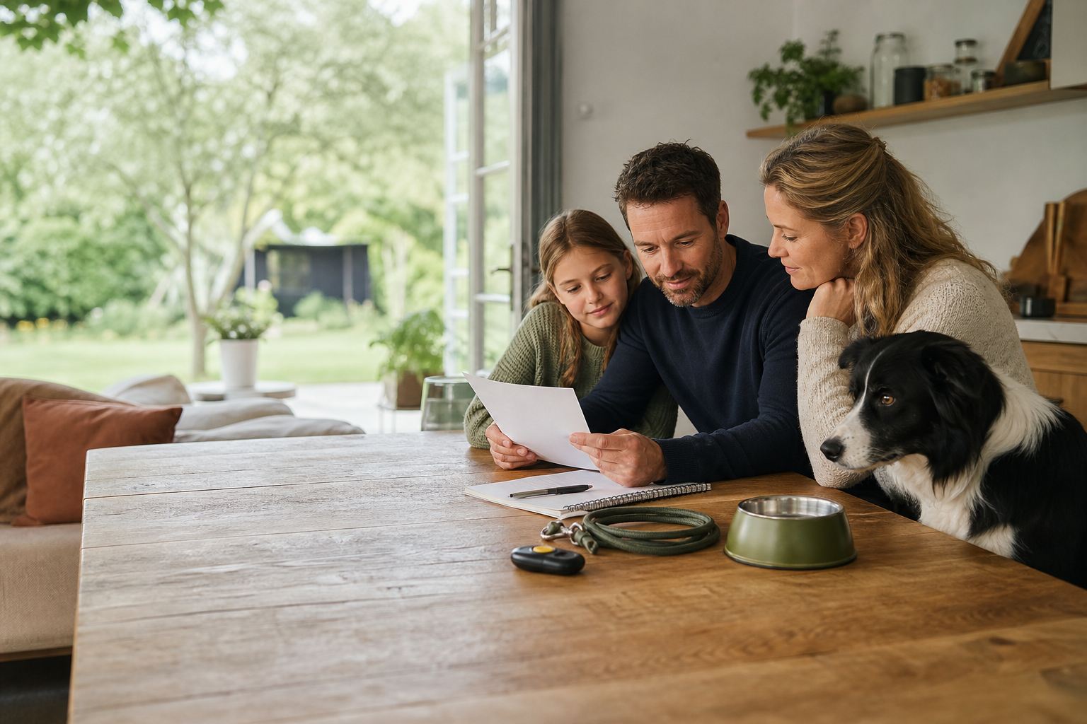 Gezin bespreekt een border collie checklist aan de keukentafel