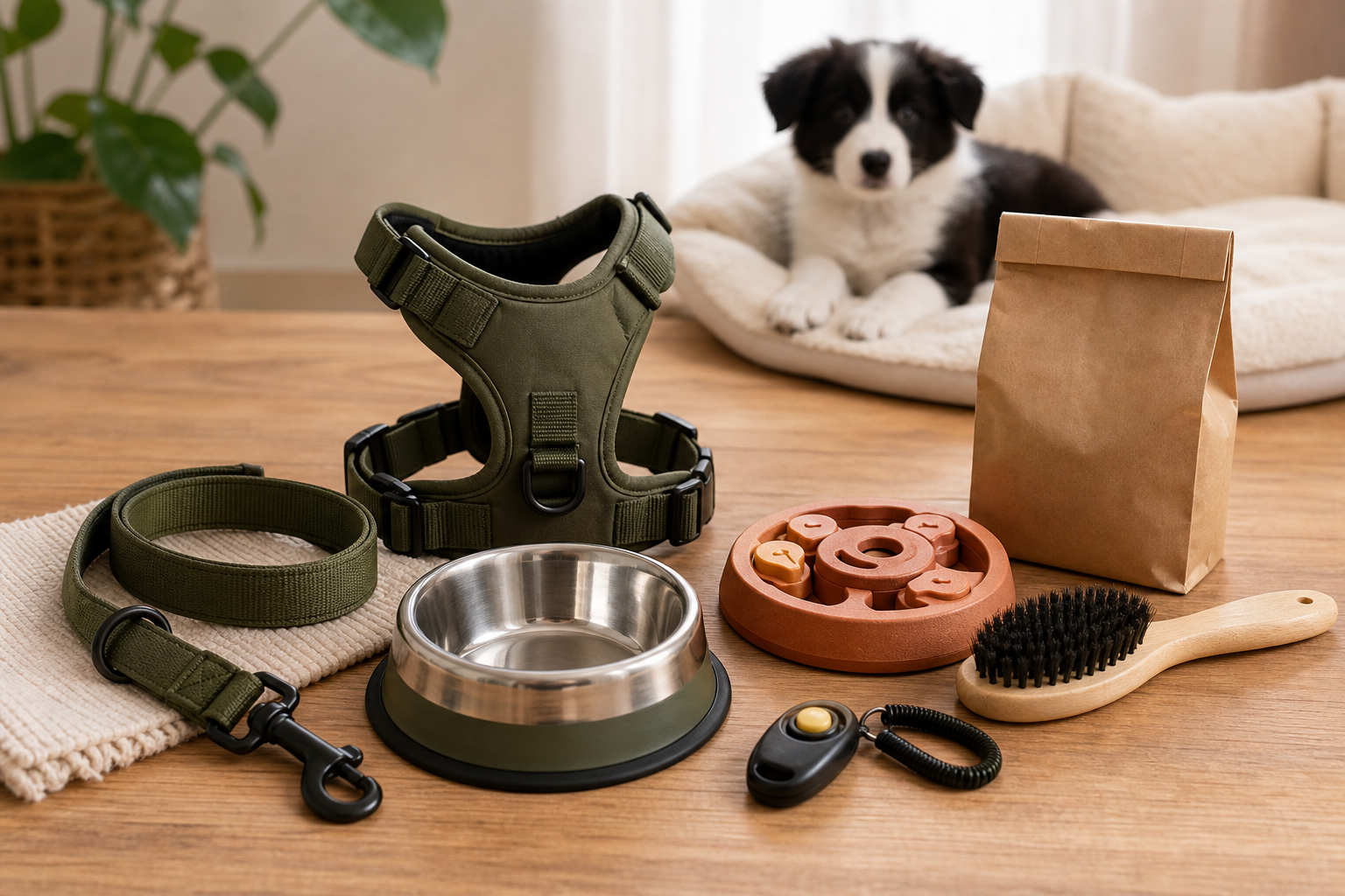 Puppy-uitzet met tuig, lijn, voerbak, training clicker en verzorgingsborstel